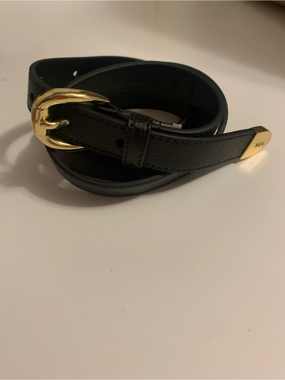 Women's Ralph Lauren Black Leather Belt with Gold Buckle 41 inches